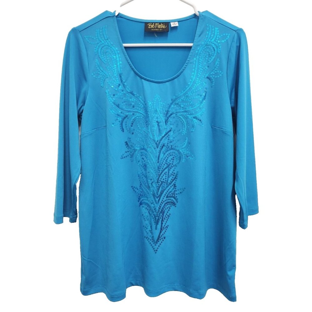 Bob Mackie Womens Wearable Art Top Size Small Blue Sequined 3/4 Sleeve Stretch